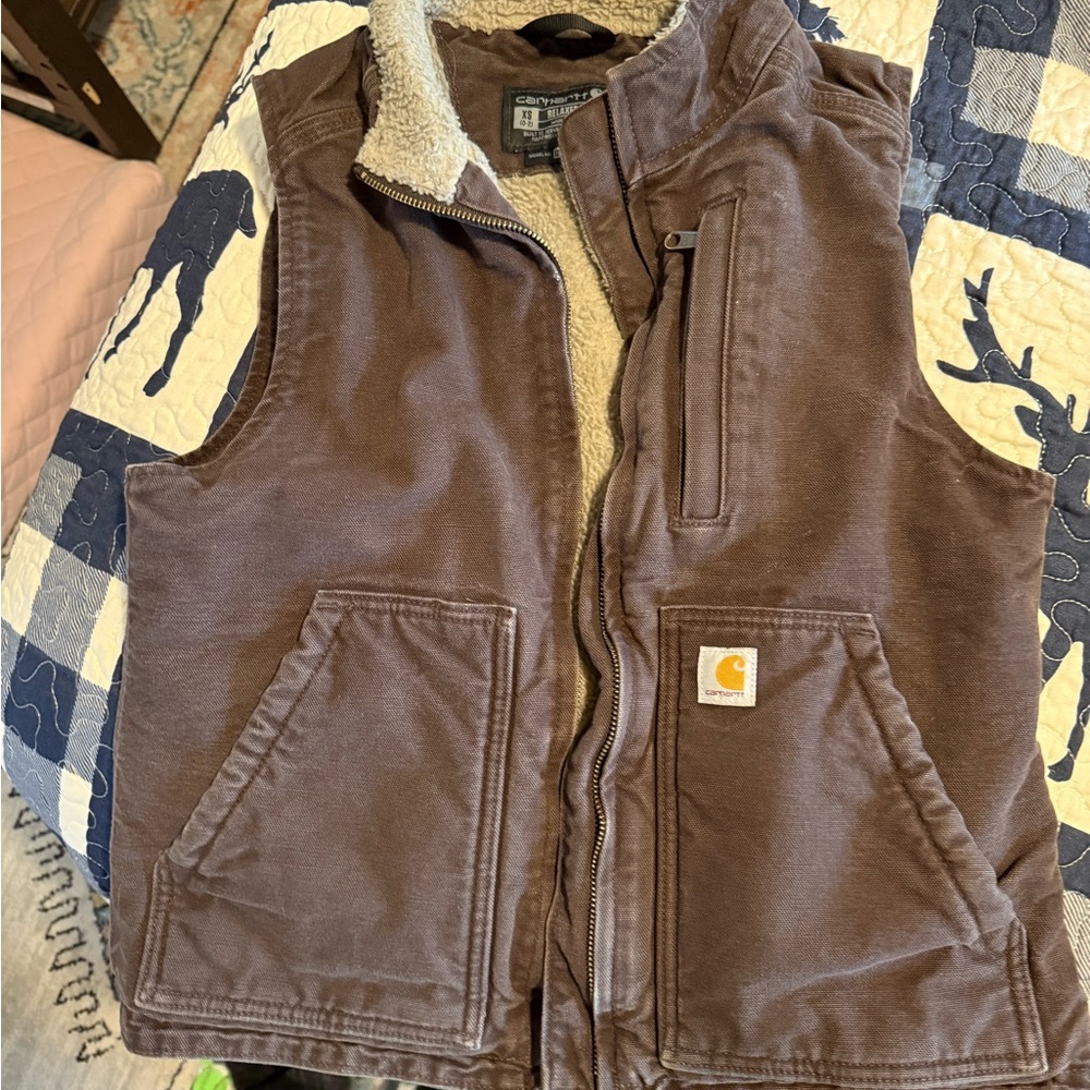 Carhartt Brown Sherpa-Lined Work Vest with Chest Zip Pocket